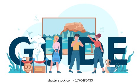 Concepto de encabezado tipográfico de guía de vacaciones de turismo. Turistas escuchando la historia de la ciudad y los lugares de interés. Entretenimiento turístico. Idea de viajar y aprender. Ilustración vectorial aislada