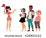 Tour vacation with guide, vector cartoon comic illustration isolated on a white background, a group of tourists listening to the history of the city, exploring attractions in the journey, guide tells