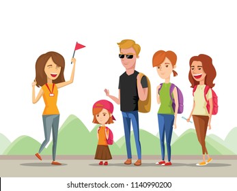 Tour vacation with guide, vector cartoon comic illustration isolated on a mountain background, a group of tourists listening to the history destination.