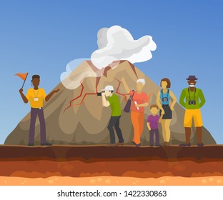 Tour vacation with guide, vector cartoon illustration of smoking vulcan, a group of tourists listening to the history of the volcano and making photo pictures in the journey.