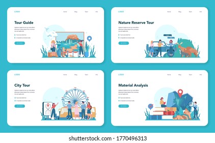 Tour vacation guide web banner or landing page set. Tourists listening to the history of the city and attractions. Tour entertainment. Idea of traveling and learning. Isolated vector illustration
