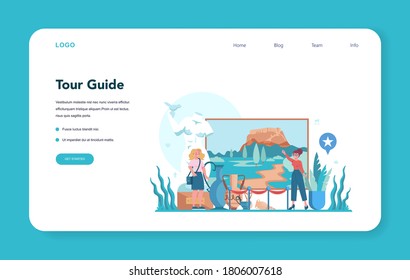 Tour vacation guide web banner or landing page. Tourists listening to the history of the city and attractions. Tour entertainment. Idea of traveling and learning. Isolated vector illustration