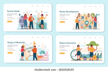 Tour vacation guide web banner or landing page set. Tourists listening to the history of the city and attractions. Tour entertainment, nature excursion. Isolated vector illustration