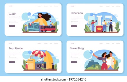 Tour vacation guide web banner or landing page set. Tourists listening to the history of the city and attractions. Tour entertainment. Idea of traveling and learning. Isolated vector illustration