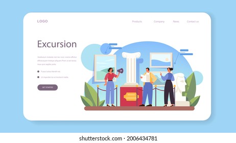 Tour vacation guide web banner or landing page. Tourists listening to the history of the city and attractions. Tour entertainment. Idea of traveling and learning. Isolated vector illustration