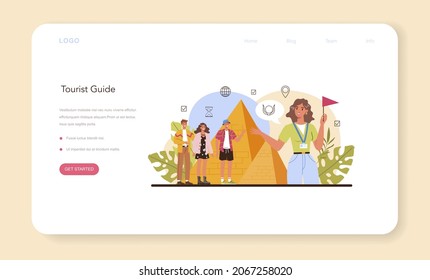 Tour vacation guide web banner or landing page. Tourists listening to the history of the city and attractions. Tour entertainment at excursion. Idea of traveling abroad. Flat vector illustration