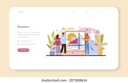 Tour vacation guide web banner or landing page. Tourists listening to the history of the city and attractions. Tour entertainment at excursion. Idea of traveling abroad. Flat vector illustration
