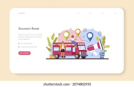 Tour vacation guide web banner or landing page. Tourists listening to the history of the city and attractions. Tour entertainment at excursion. Idea of traveling abroad. Flat vector illustration