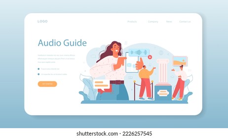 Tour vacation guide web banner or landing page. Tourists listening to the history of the city and attractions through audio guide or with interpreter. Tour entertainment. Flat vector illustration