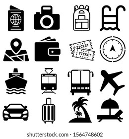 Tour vector icons set. travel illustration symbol collection. Contains such icon as ticket, transport, beach, compass, passport.
