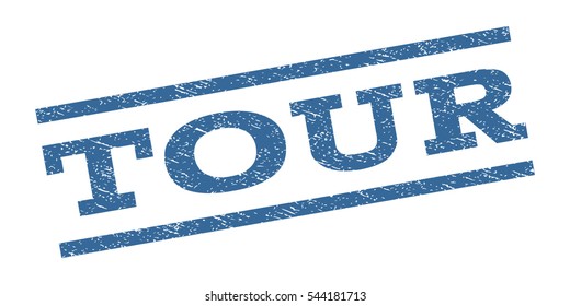 Tour watermark stamp. Text tag between parallel lines with grunge design style. Rubber seal stamp with unclean texture. Vector cobalt blue color ink imprint on a white background.