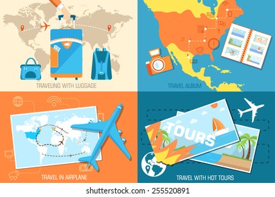 tour of the world banners concept. Tourism with fast travel on a flat design style. Vector illustration in retro style