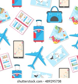 tour of the world seamless pattern concept. Tourism with fast travel on a flat design style. Vector illustration
