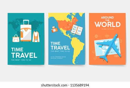 Tour of the world vector brochure set. Travel template of flyear, magazines, posters, book cover, banners. Summer vacation trip infographic concept background. Layout illustrations modern 