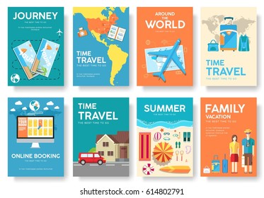 Tour of the world vector brochure set. Travel template of flyear, magazines, posters, book cover, banners. Summer vacation trip infographic concept background. Layout illustrations modern pages