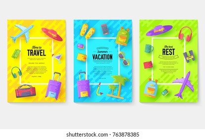 Tour of the world vector brochure set. Travel template of flyear, magazines, posters, book cover, banners. Summer vacation trip infographic concept  background. Layout illustrations modern