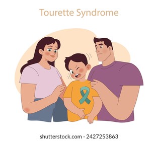 Tourette Syndrome concept. Family comforting child with tic disorder. Unity, support, and neurodiversity.