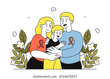 Tourette syndrome family. Man and woman hug boy. People with neurological problems. Healthcare and medicine. Mental and psychological disorder. Tolerance and neurodiversity. Linear vector illustration