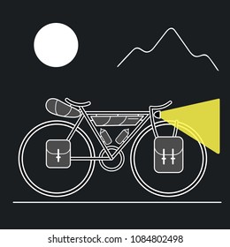 Touring bicycle with bikepacking gear travel at night with moon and mountains on background. Minimal style design. Vector illustration.