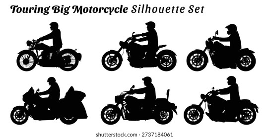 Touring Big Motorcycle Silhouette Set Isolated on White Background Vector Illustration