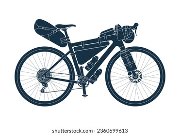 Touring bike with bikepacking bags in black silhouette. Road, gravel bicycle and elements gear. Saddlebag, frame, trunk, handlebar bag. Isolated vector illustration