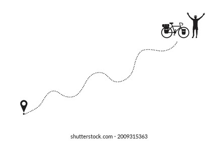 Touring bike cyclist finish traveling on GPS route to the destination. Biker raise hand above head near his bicycle with bikepacking bags and tent. Vector illustration design.