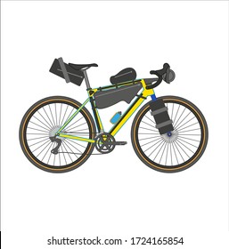 Touring bike vector illustration with saddlebag, frame bag and handlebar bag. Gravel bicycle.