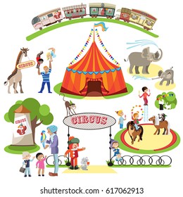 Touring circus tent in the city. Set of vector elements