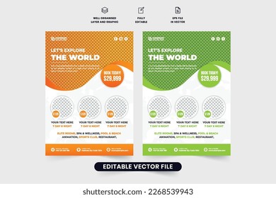 Touring group advertisement leaflet and flyer design with orange and green colors. Tour and travel poster vector with photo placeholders. Vacation planner agency template design for marketing.