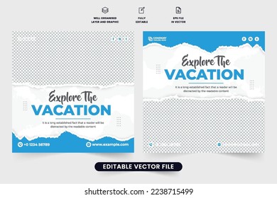 Touring group promo template design for digital marketing. Travel agency social media post vector with blue colors and brush effect. Vacation trip management agency poster design with discount section