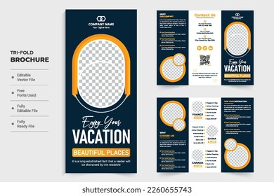 Touring group tri fold brochure vector with orange colors on a dark background. Tour planner agency poster design for marketing. Travel business promotional brochure template with photo placeholders.