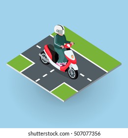 Touring moped. Motor bike on the road. Top view on motorized bicycle. Flat 3d isometric high quality city moped design. Motorcycle or autobike dirtbike . Part of series of city isometric. Vector