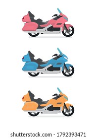 Touring Motorcycle Icon Vector Logo Template. Side view, profile. Flat cartoon style