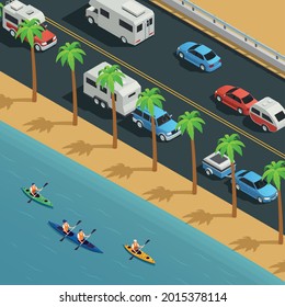 Touring sea kayaking rafting coastal paddling resort isometric composition with tropical beach canoeing camping road vector illustration 