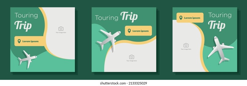 Touring vacation trip social media post, banner set, vacation tourism advertisement concept, travel airplane marketing square ad, abstract print, isolated on background.