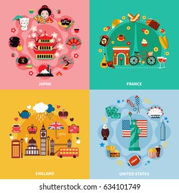 Tourism 2x2 design concept with japan france england and united states decorative compositions flat vector illustration