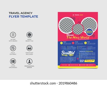 tourism agency flyer template design with three image placement, light red, yellow, blue colors used in the template. eye catchy, well organized fully editable design. vector a4 size, eps 10 version.