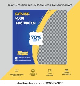 tourism agency social media post template design, an image can be used. Eye catchy template, vector square banner, eps 10.