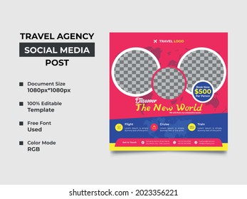 tourism agency social media post template design with three image placement, professional eye-catchy color used in the template. organized, fully editable, square design. vector eps 10, web banner.