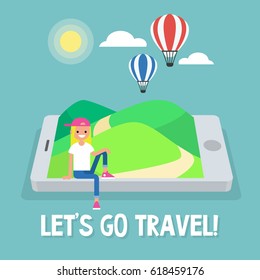 Tourism. Air balloons in the sky. Travel mobile application. Vector illustration, clip art