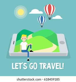 Tourism. Air balloons in the sky. Travel mobile application. Vector illustration, clip art