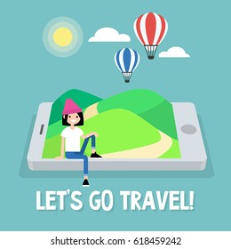 Tourism. Air balloons in the sky. Travel mobile application. Vector illustration, clip art