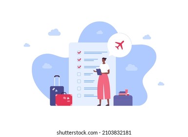 Konzept für Tourismus und Flugreisen. Vektorflache Menschen Illustration. Afrikanische Touristinnen mit Dokument in Händen auf Checkliste Hintergrund. Gepäck, Flugzeug, Koffersymbol.