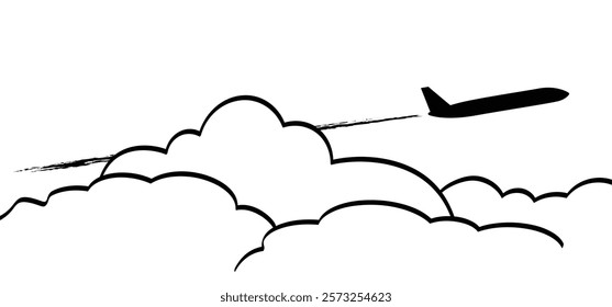 Tourism, airplane flies above the clouds in the sky. Air plane flight route. Vector Aircraft and cloud sign. For summer vacation or holiday. Travel, navigation destination.