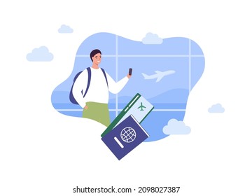 Tourism and airplane travel concept. Vector flat people illustration. Man tourist hold smartphone in hand. Passport and ticket symbol on airport window with plane background.