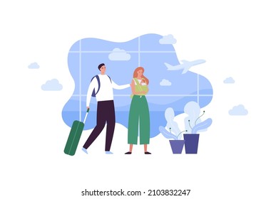 Tourism and airplane travel concept. Vector flat people illustration. Couple of man with luggage and woman hold baby in sling on hands on airport window with plane background.