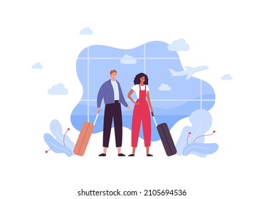 Tourism and airplane travel concept. Vector flat people illustration. Couple of young adult male and african american female with baggage on airport window with plane background.