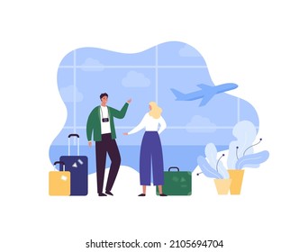 Tourism and airplane travel concept. Vector flat people illustration. Couple of man with photo camera and blond woman with baggage on airport window with plane background.