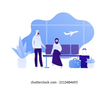 Tourism and airplane travel concept. Vector flat people illustration. Muslim man standing and female sitting in islamic traditional clothes with luggage on airport departure with plane background.