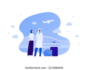 Tourism And Airplane Travel Concept. Vector Flat People Illustration. Couple Of Arab Male And Female Character In Islamic Traditional Clothes With Luggage On Airport Terminal With Plane Background.